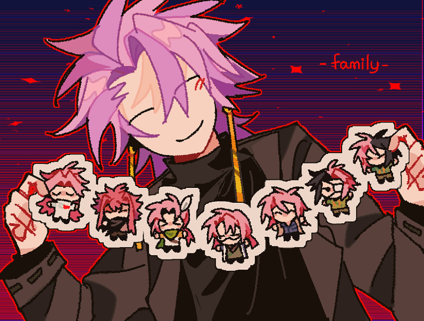 1boy azuma_wadachi black_sweater chinese_commentary closed_eyes commentary_request design_speculation dita_iliner earrings english_text hatsutori_hajime head_tilt highres igarashi_daigo jacket jewelry lapels long_sleeves male_focus mutsushika_misumi nanami_izu nijou_ryuu no_gloves no_nose notched_lapels open_clothes open_jacket paper_doll_chain purple_hair saibou_shinkyoku short_hair smile solo sparkle sweater theodore_riddle turtleneck turtleneck_sweater upper_body uto404