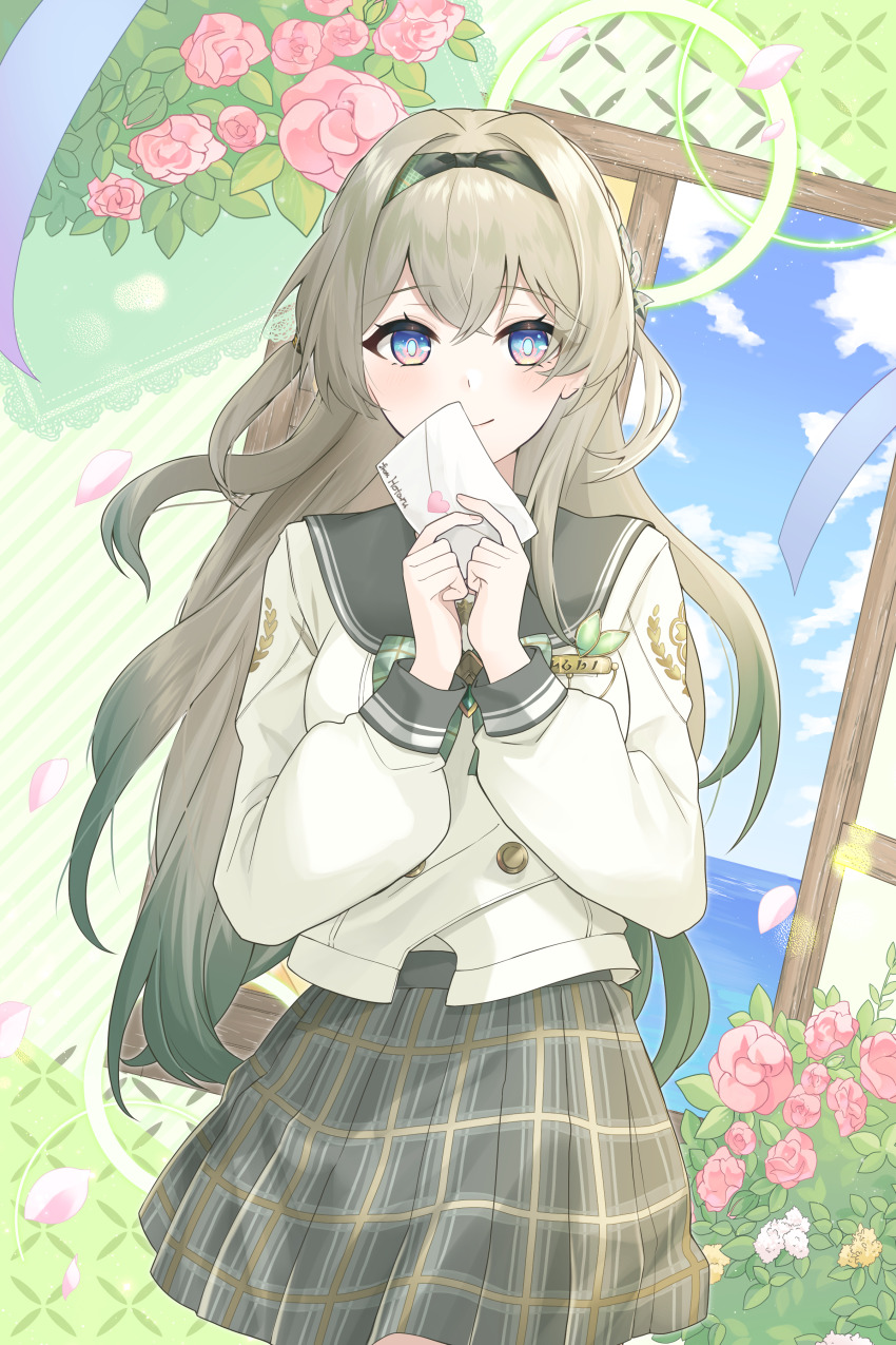 1girl absurdres black_hairband blush bow breasts checkered_bow checkered_clothes checkered_skirt closed_mouth firefly_(honkai:_star_rail) firefly_(spring_missive)_(honkai:_star_rail) flower gradient_hair green_bow grey_hair hair_between_eyes hair_ornament hairband highres holding holding_letter honkai:_star_rail honkai_(series) katetawa letter long_hair long_sleeves medium_breasts multicolored_hair official_alternate_costume pink_eyes pink_flower school_uniform skirt smile solo