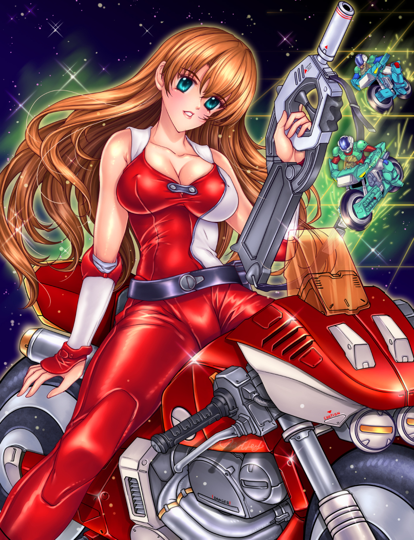 1980s_(style) 1girl 2boys armor biker blonde_hair blue_eyes body_armor bodysuit boots breasts brown_hair commentary energy_cannon energy_gun english_commentary gallant_h-90 helmet highres houquet_et_rose john_r kikou_souseiki_mospeada looking_at_viewer machinery mecha missile_pod mospeada mospeada_(mecha) motor_vehicle motorcycle multiple_boys oldschool on_motorcycle power_armor ray_(mospeada) ray_gun retro_artstyle riding robot robotech houquet_et_rose science_fiction shield sky spacesuit sparkle star_(sky) starry_sky stick_bernard trigger_discipline unused_tire weapon
