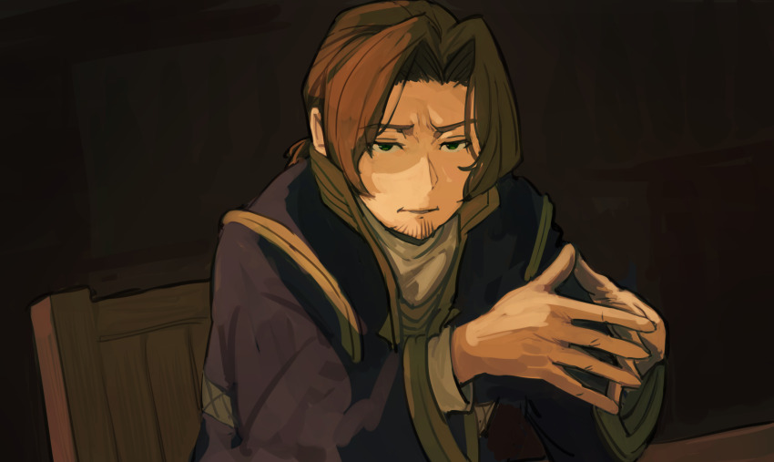 1boy black_robe brown_hair chair commentary facial_hair goatee green_eyes higemu highres male_focus ponytail robe sein_(sousou_no_frieren) solo sousou_no_frieren steepled_fingers upper_body