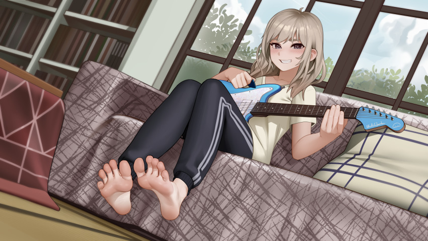 absurdres blonde_hair blue_eyes blush book bookshelf couch cushion feet guitar highres instrument kairunoburogu kawaragi_momoka kotatsu looking_at_viewer pants plectrum shirt smile table window