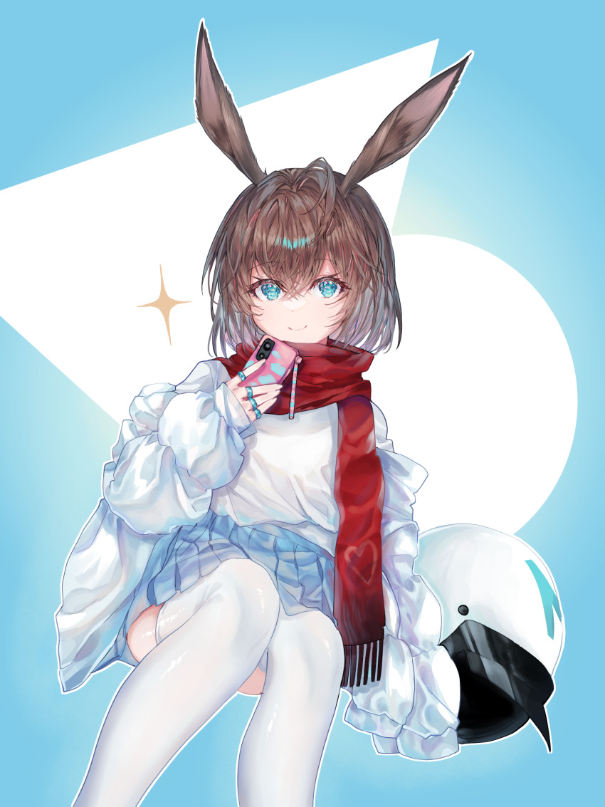 1girl 414_(hncx3355) ahoge amiya_(arknights) amiya_(fresh_fastener)_(arknights) animal_ears aqua_eyes arknights blue_skirt brown_hair cellphone feet_out_of_frame helmet highres holding holding_phone invisible_chair jacket long_hair long_sleeves looking_at_viewer miniskirt motorcycle_helmet off_shoulder official_alternate_costume open_clothes open_jacket phone pleated_skirt rabbit_ears red_scarf scarf shirt short_hair sitting skirt sleeves_past_wrists smartphone smile solo sparkle thighhighs two-tone_background unworn_headwear unworn_helmet white_jacket white_shirt white_thighhighs