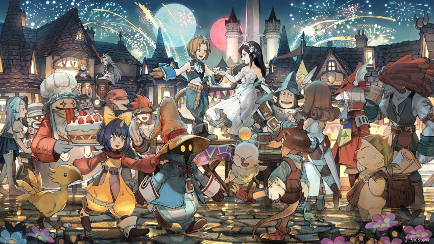 6+boys 6+girls adelbert_steiner armor baku_(ff9) bandana beatrix_(ff9) beer_mug blank_(ff9) cake castle chocobo cinna_(ff9) cup dreadlocks dress eiko_carol everyone final_fantasy final_fantasy_ix fireworks food freija_crescent garnet_til_alexandros_xvii hat helmet highres holding_hands kuja marcus_(ff9) mikoto_(ff9) moon mug multiple_boys multiple_girls night night_sky puck_(ff9) quina_quen ruby_(ff9) salamander_coral sasumata_jirou sky smile square_enix stiltzkin tongue tongue_out vivi_ornitier white_dress zidane_tribal