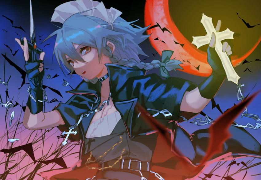 1girl absurdres alternate_costume bat_(animal) belt belt_collar black_gloves braid breasts cleavage clothing_request collar commentary crescent_moon cross cross_necklace fingerless_gloves gloves grey_hair highres holding holding_cross holding_knife izayoi_sakuya jewelry knife long_hair looking_at_viewer maid_headdress moon necklace open_mouth outdoors red_eyes red_moon solo touhou tuck_(tuck23978434) twin_braids