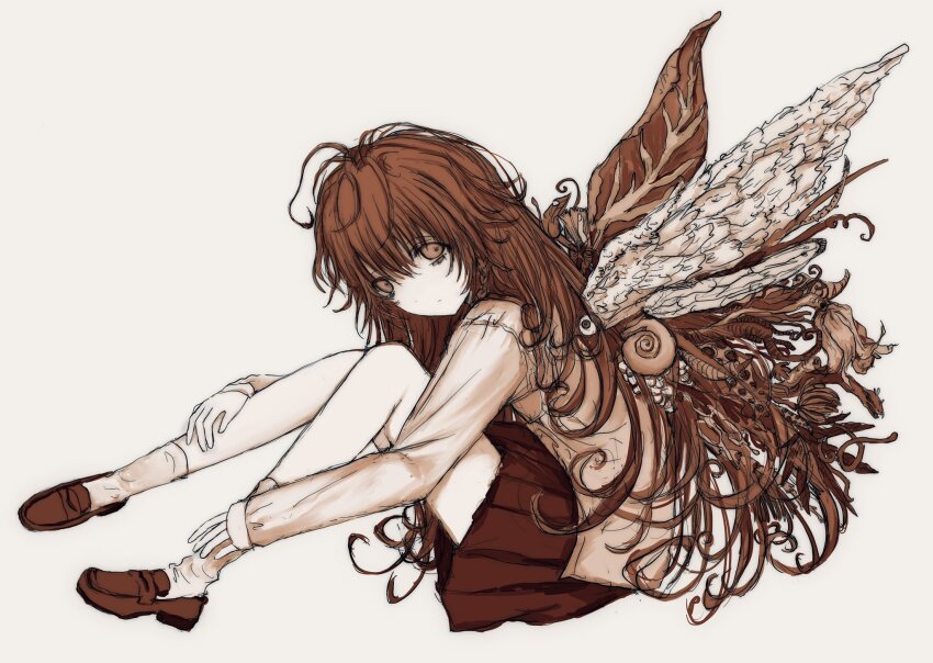 1girl brown_eyes brown_hair chan8016 eyeball highres loafers long_hair monster_girl pale_skin pleated_skirt sayonara_wo_oshiete shirt shoes sitting skirt snail_shell socks sugamo_mutsuki tentacles wings