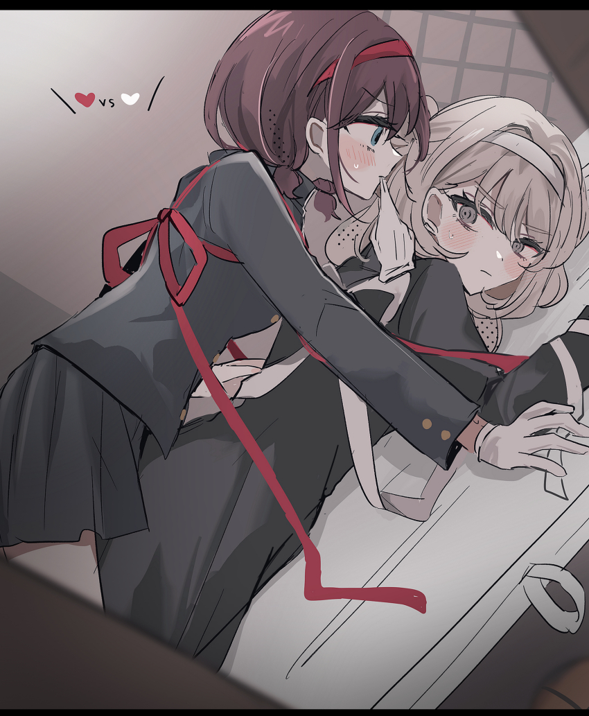 2girls absurdres black_jacket black_skirt blush closed_mouth commentary girls_band_cry glove_in_mouth gloves grey_eyes grey_hair hairband hamchan69 hand_on_another&#039;s_back heart highres iseri_nina jacket kawaragi_momoka long_hair long_sleeves mouth_hold multiple_girls red_hair red_hairband red_ribbon ribbon short_twintails skirt sweatdrop twintails white_gloves white_hairband white_ribbon yuri