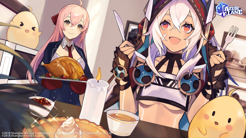 2girls absurdres ahoge azur_lane black_gloves blue_jacket blurry blush bodypaint braid breasts brown_eyes candle center_opening cleavage cloak closed_mouth commentary cranberry crown_braid dark-skinned_female dark_skin depth_of_field detached_collar english_commentary eyelashes facepaint fingerless_gloves food fork gloves gravy hair_between_eyes highres holding holding_fork holding_knife hood hooded_cloak indoors jacket knife logo long_hair manjuu_(azur_lane) medium_breasts minneapolis_(azur_lane) multiple_girls navvvtis necktie open_mouth oven_mitts pie pink_hair portrait_(object) pumpkin_pie quincy_(azur_lane) red_eyes red_neckwear shirt smile sparkle straight_hair thanksgiving turkey_(food) underboob whipped_cream white_hair white_shirt wing_collar