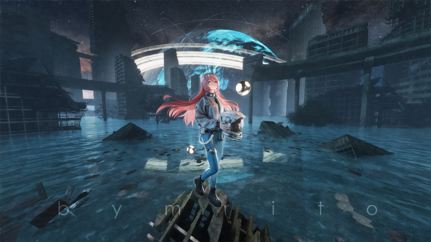 1girl abandoned artist_name bang_dream! bang_dream!_it&#039;s_mygo!!!!! blue_eyes boots breathing_tube building chihaya_anon collared_jacket commentary_request debris full_body helmet highres jacket long_hair looking_up mr_ito pants pink_hair planet ruins scenery science_fiction sky skyscraper solo space space_helmet spacesuit standing star_(sky) starry_sky water wreckage