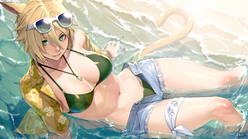 1girl absurdres animal_ears bikini blonde_hair breasts cutoff_jeans cutoffs eyewear_on_head final_fantasy final_fantasy_xiv green_eyes highres jewelry kyo_(kuroichigo) looking_at_viewer midriff navel necklace open_clothes open_shirt short_sleeves solo sunglasses swimsuit tail