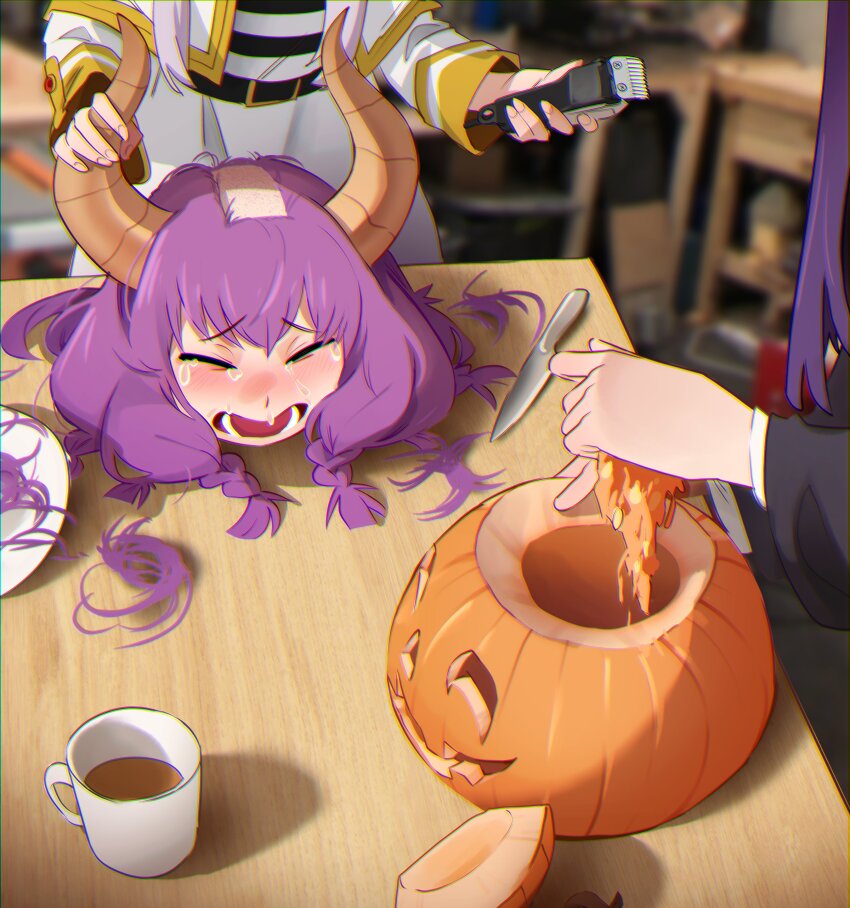 3girls absurdres aura_(sousou_no_frieren) aura_bullying_(meme) blurry blurry_background braid brown_horns closed_eyes coffee_mug commentary crying cup demon_horns english_commentary fern_(sousou_no_frieren) frieren grey_hair halloween highres horns jack-o&#039;-lantern khyle. knife long_hair meme mug multiple_girls open_mouth purple_hair shirt skirt sousou_no_frieren striped_clothes striped_shirt table tears white_skirt