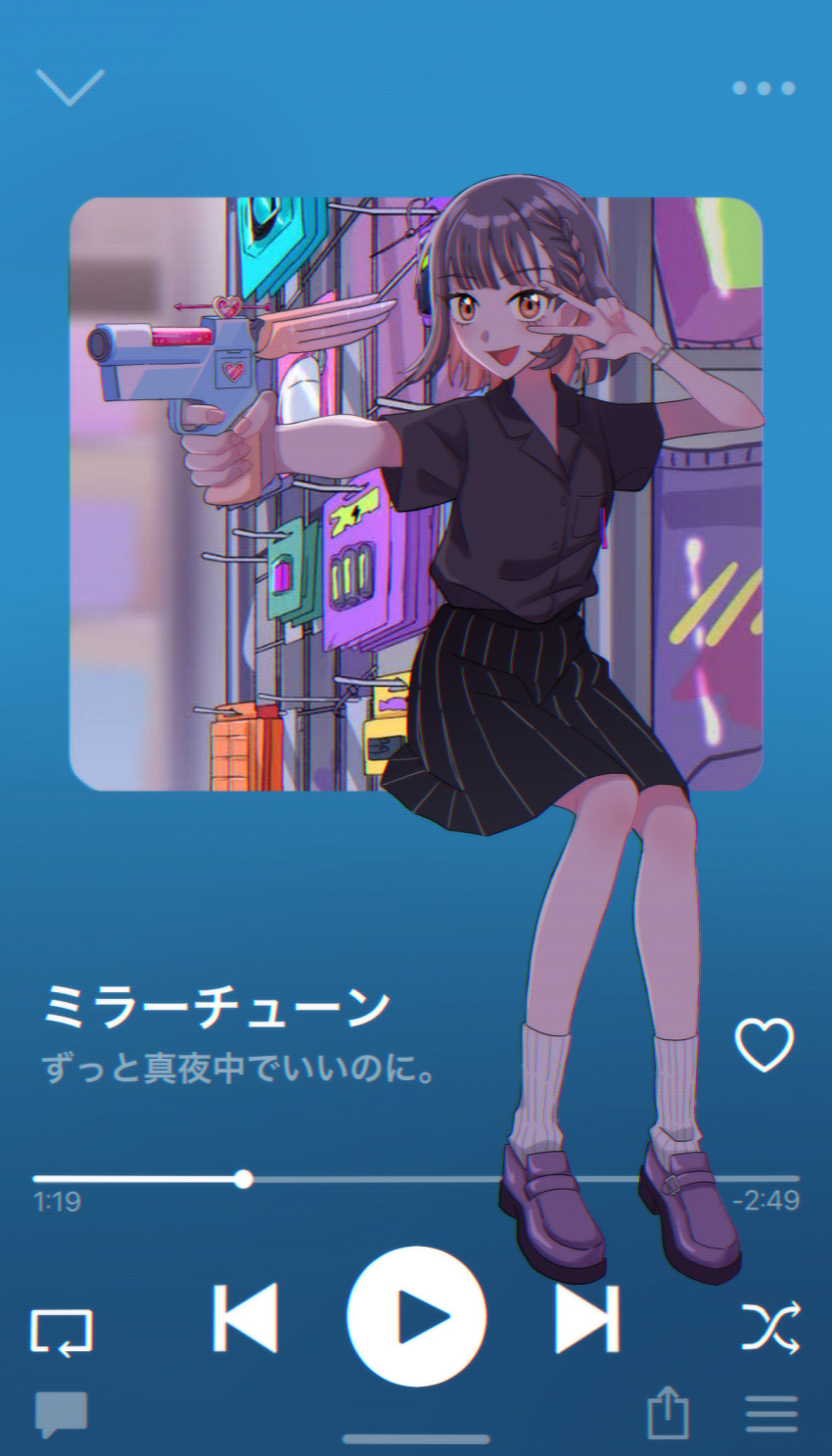 1girl black_skirt colored_inner_hair copyright_name cute_weapon fake_phone_screenshot fake_screenshot fast_forward_button fingernails gun highres holding holding_gun holding_weapon migratory_sushi mirror_tune_(zutomayo) multicolored_hair nira-chan nira-chan_(mirror_tune)_(zutomayo) open_mouth orange_eyes orange_hair play_button purple_footwear purple_hair purple_shirt shirt shoes shuffle_button skirt smile socks song_name spotify streaked_hair w w_over_eye watch weapon white_socks wristwatch zutto_mayonaka_de_ii_no_ni