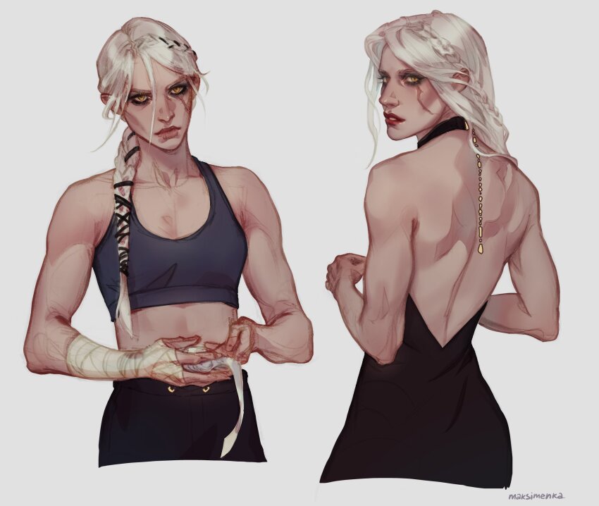 1girl alternate_costume arm_wrap artist_name artjell backless_dress backless_outfit black_dress black_pants breasts ciri dress facial_scar grey_sports_bra highres long_hair multiple_views pants scar scar_on_cheek scar_on_face simple_background small_breasts sports_bra the_witcher_(series) the_witcher_4 white_background white_hair yellow_eyes