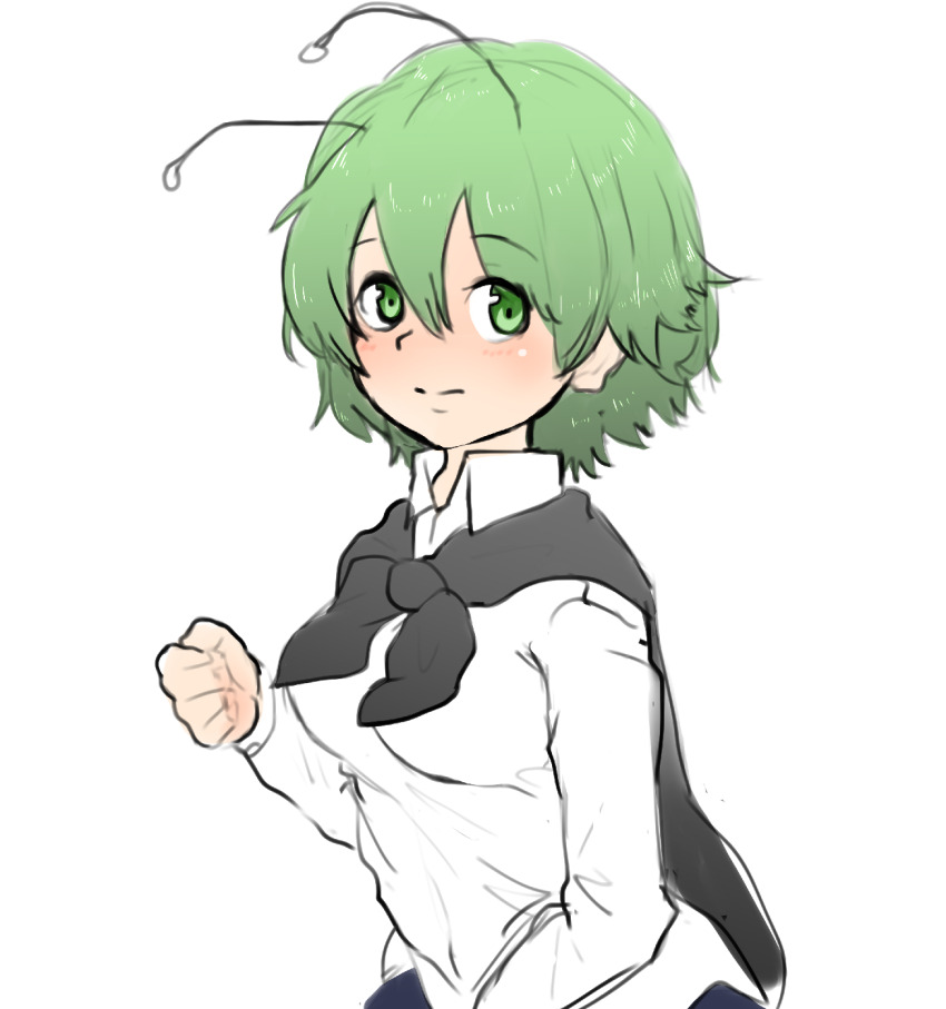 1girl antennae black_cape blush breasts cape clenched_hand closed_mouth collared_shirt commentary_request expressionless green_eyes green_hair highres long_sleeves looking_at_viewer medium_breasts shirt short_hair simple_background solo touhou unimamo upper_body white_background white_shirt wriggle_nightbug