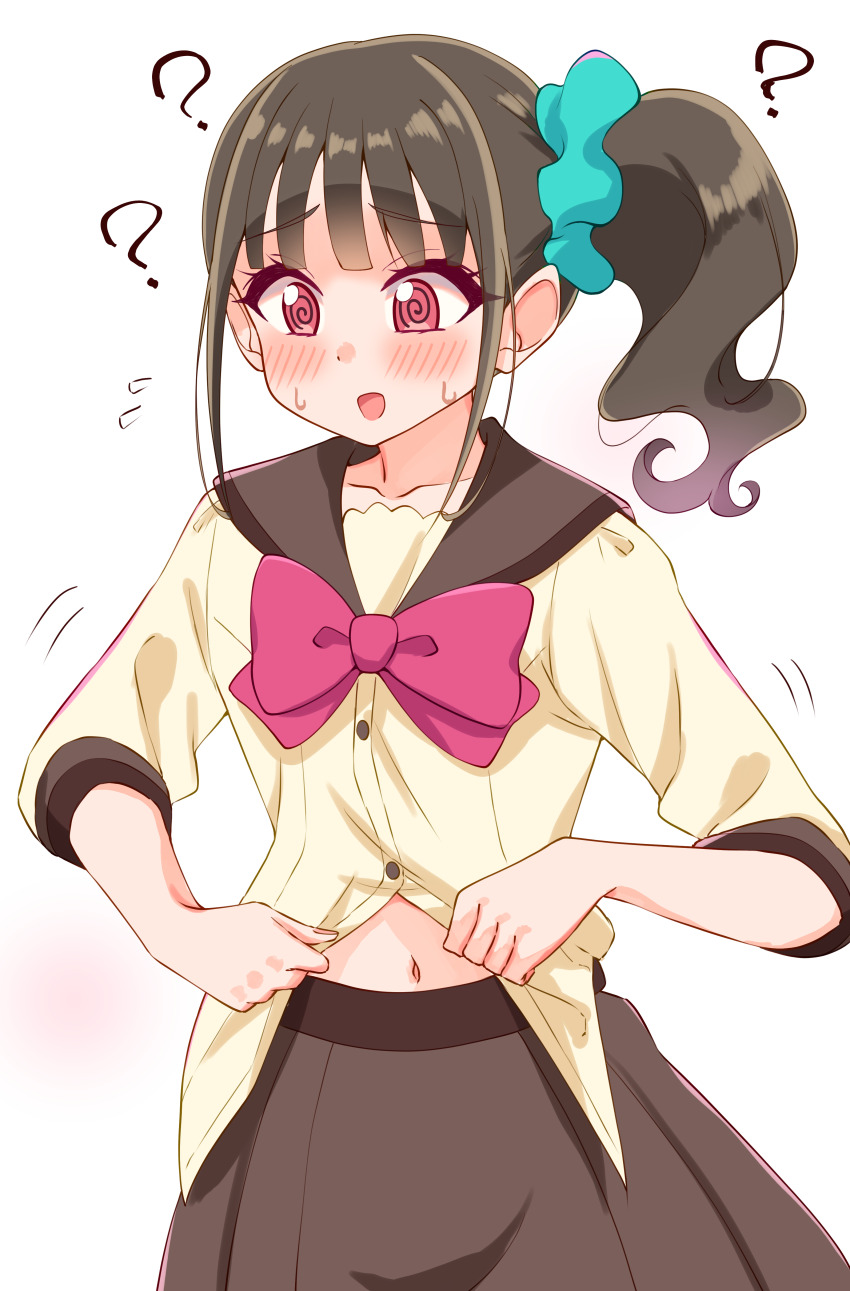 1girl ? @_@ absurdres aqua_scrunchie black_hair blush bow bowtie brown_sailor_collar brown_skirt commentary flying_sweatdrops hair_ornament hair_scrunchie highres medium_hair miniskirt motion_lines navel nekoyashiki_mayu open_mouth partially_unbuttoned pleated_skirt precure purple_eyes red_bow red_bowtie sailor_collar school_uniform scrunchie second_wangan_school_uniform serafuku shirt short_sleeves side_ponytail simple_background skirt smile solo standing sugimura_mickey untucked_shirt white_background white_shirt wonderful_precure!