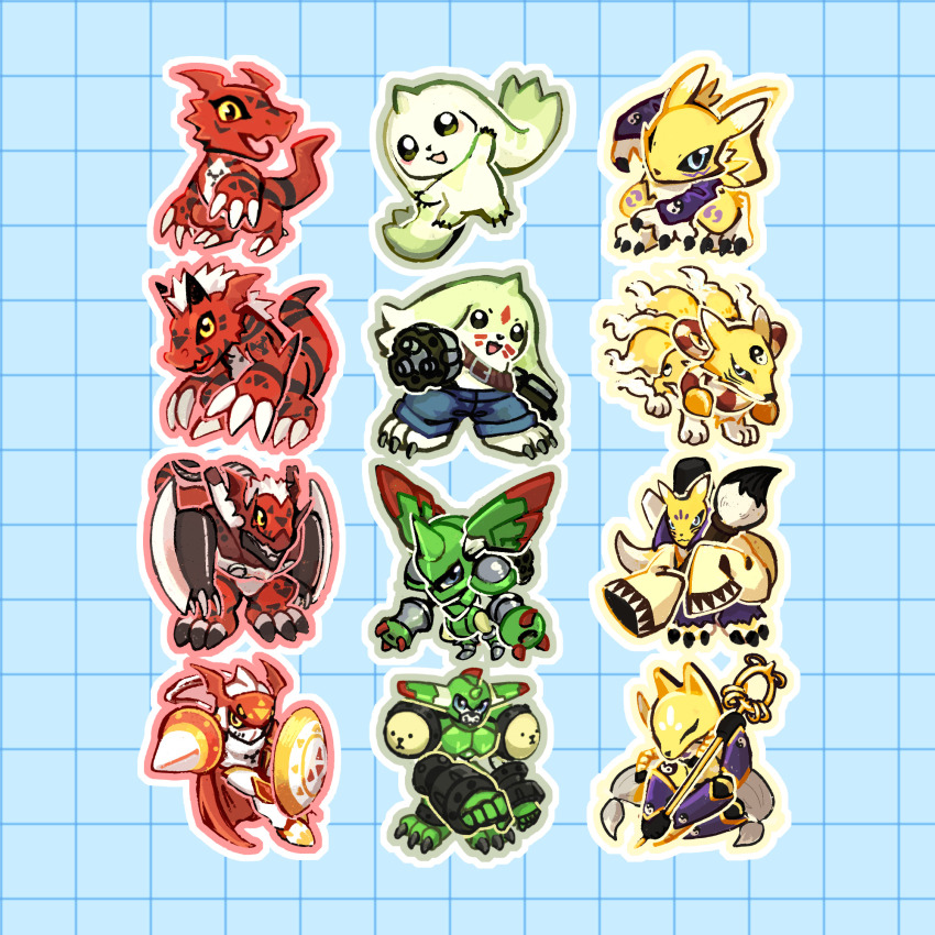 armor belt cyborg digimon digimon_(creature) digital_hazard dukemon galgomon growmon guilmon highres kyubimon lance looking_at_viewer megalogrowmon polearm rapidmon_(perfect) renamon saintgalgomon sakuyamon shield taomon terriermon weapon wings zero_unit