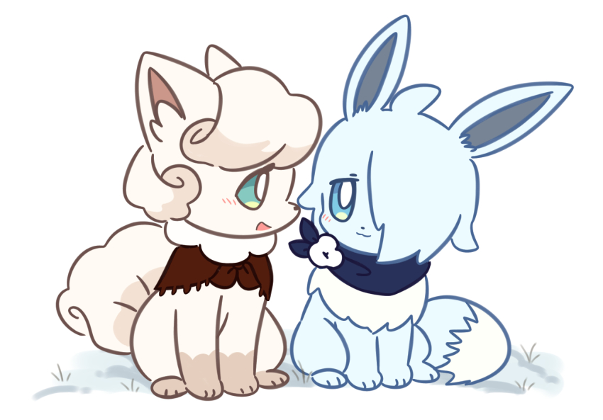:3 alolan_form alolan_vulpix animal_focus animalization blush commentary_request cookie_run cookie_run:_kingdom cotton_cookie eevee fox game_freak gen_1_pokemon gen_7_pokemon gimt5n hair_over_one_eye korean_commentary neckerchief nintendo no_humans pokemon pokemon_(creature) sherbet_cookie sitting smile tail white_background