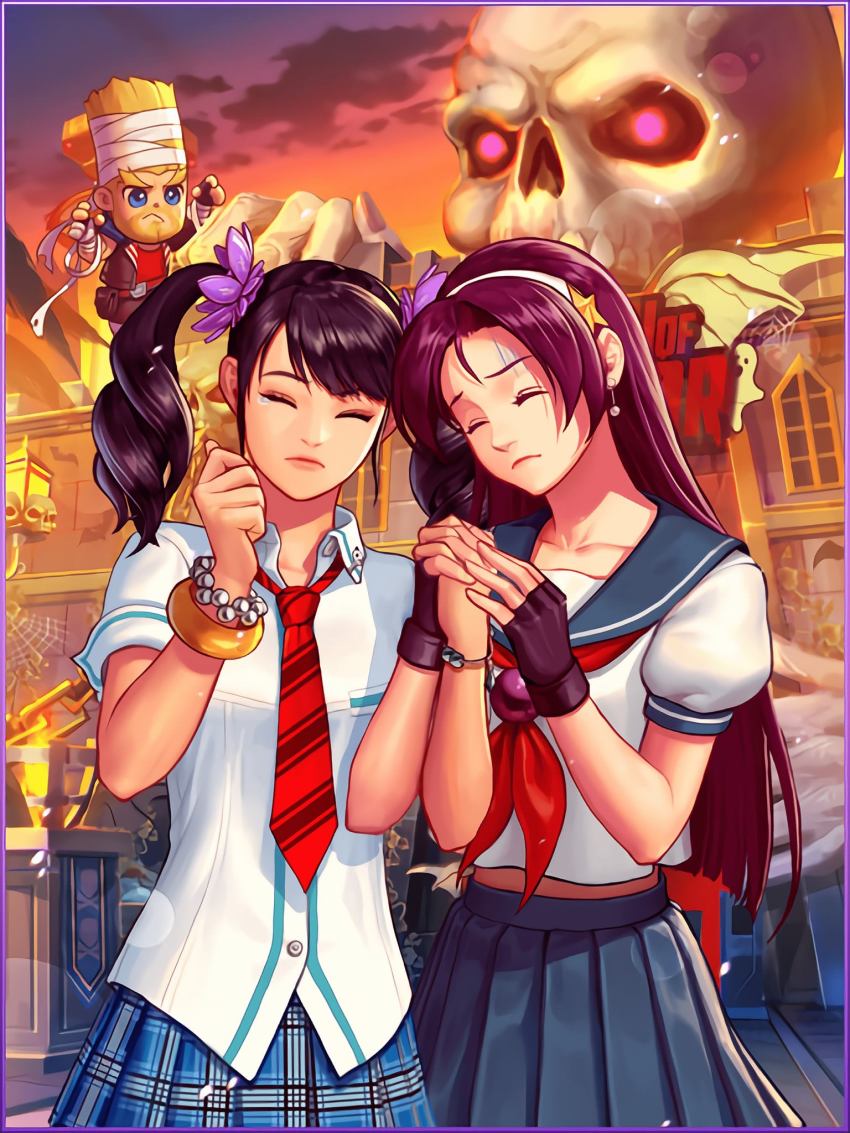 2girls amusement_park asamiya_athena bat_(animal) bat_wings bracelet cherry_blossoms chibi cloud cloudy_sky crossover ghost gloves halloween highres horror_(theme) jewelry lights ling_xiaoyu long_hair multiple_girls namco official_art paul_phoenix playing psycho_soldier purple_eyes purple_hair school_uniform silk skeleton skirt skull sky snk spider_web sunset tears tekken the_king_of_fighters twintails wings