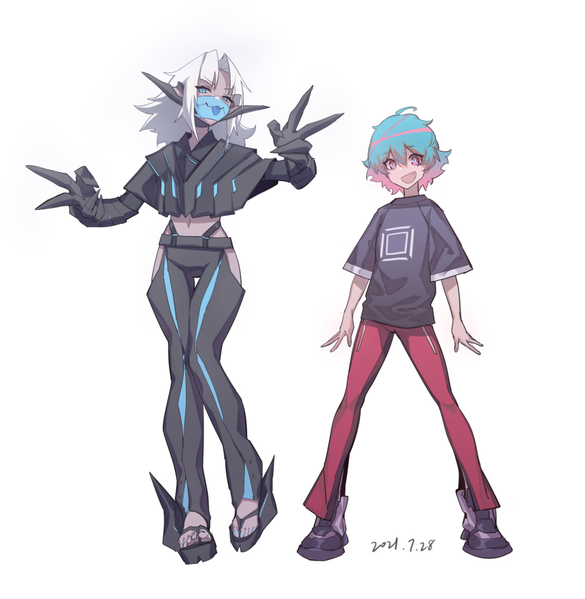 2girls blue_eyes chinese_commentary commentary demon_girl double_v fang genderswap genderswap_(mtf) gloves goz-zz gradient_hair highres igarashi_ikki kamen_rider kamen_rider_revice long_hair mask midriff mouth_mask multicolored_hair multiple_girls nail_polish open_mouth pants pink_eyes pointy_ears rider-tan sandals shirt simple_background toenail_polish toenails tongue tongue_out v vice_(kamen_rider_revice) white_background