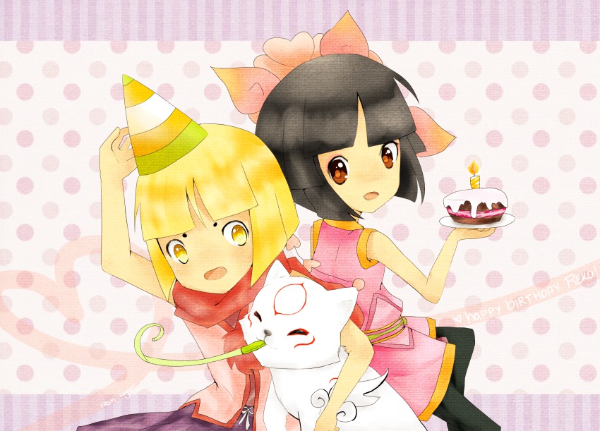 black_hair blonde_hair cake candle capcom chibiterasu dress facial_mark flower food hair_flower hair_ornament hat highres kagura_(ookami) kuro_(ookami) nerdyeggy ookami_(game) ookamiden party_hat party_whistle skirt wolf