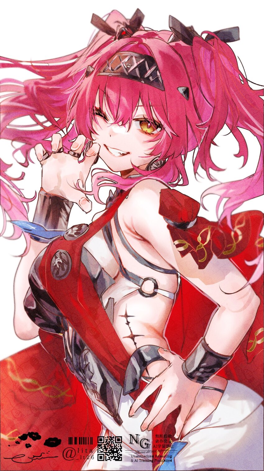 1girl armor bad_id bad_twitter_id black_bow bodysuit bow breastplate breasts claw_pose commentary_request cowboy_shot earrings grin hair_bow hairband hand_on_own_hip hand_up highres jewelry large_breasts long_hair looking_at_viewer lt26 lupa_(wuthering_waves) metal_hairband multiple_rings one_eye_closed pink_hair revision ring smile solo tacet_mark_(wuthering_waves) white_bodysuit wuthering_waves yellow_eyes