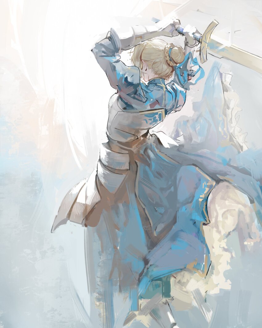 1girl absurdres armor armored_dress artoria_pendragon_(fate) back blonde_hair bun_with_braided_base dress excalibur_(fate/stay_night) fate/stay_night fate_(series) fighting_stance from_behind hair_ribbon highres holding holding_sword holding_weapon kanji_(nievart) long_sleeves ribbon saber_(fate) solo sword weapon