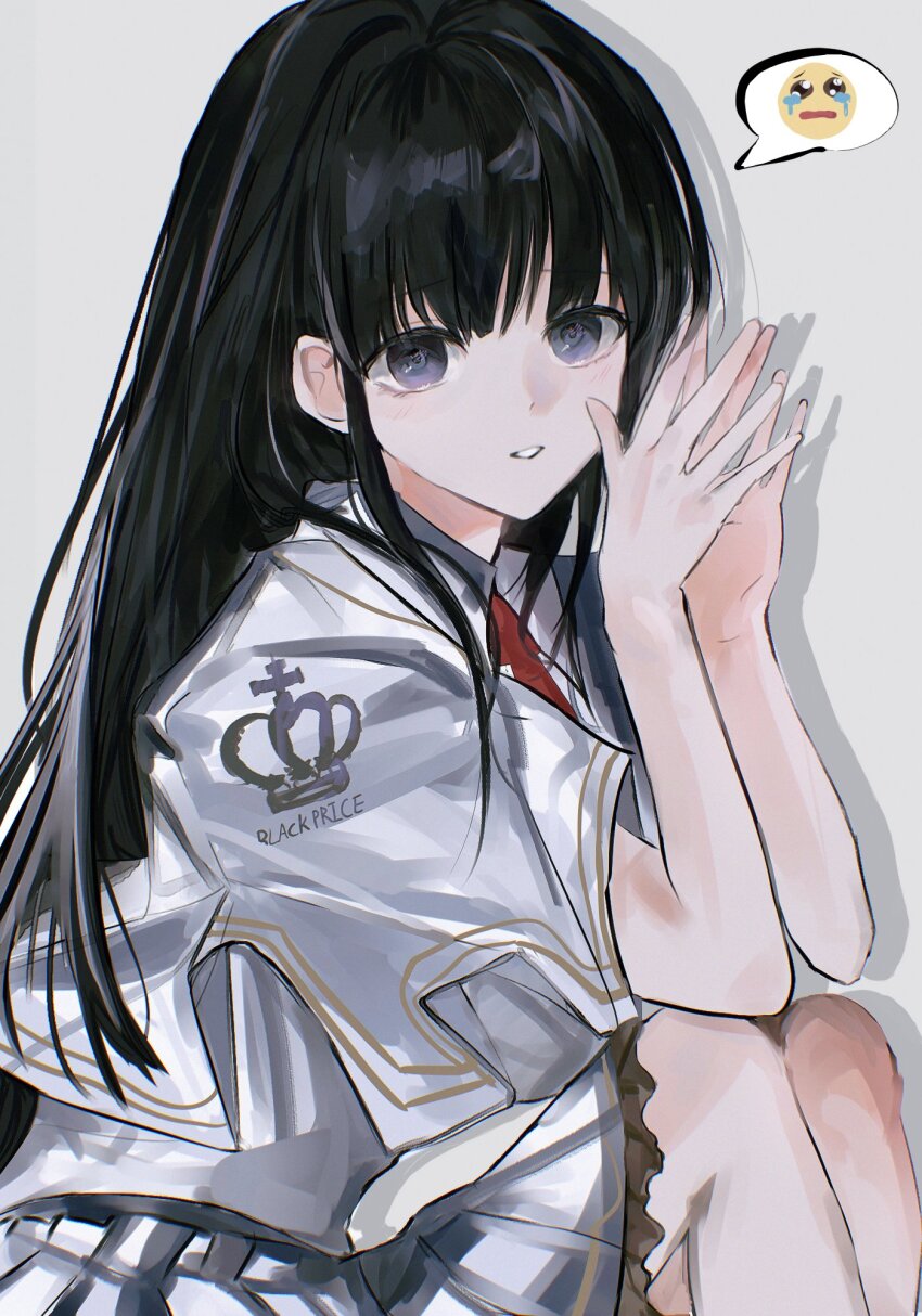 1girl black_hair blunt_bangs capelet commentary dalyu223 drop_shadow feet_out_of_frame frilled_skirt frills grey_eyes hands_up highres light_blush long_hair looking_at_viewer necktie own_hands_together parted_lips red_necktie school_uniform sidelocks simple_background sitting skirt solo speech_bubble spoken_expression steepled_fingers subarashiki_hibi takashima_zakuro white_background white_capelet white_skirt
