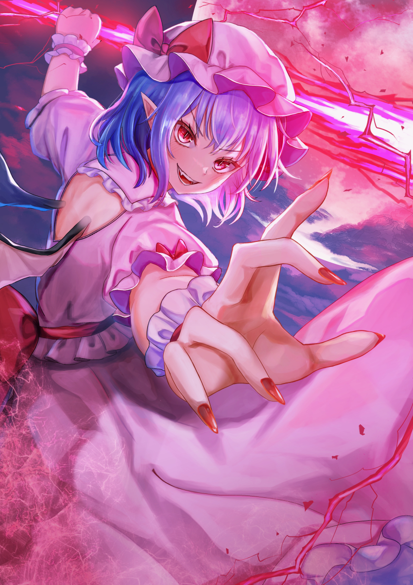 1girl :d absurdres bat_wings blue_hair blush bow colored_eyelashes commentary_request energy_spear energy_weapon eyelashes fang fighting_stance fingernails foreshortening frilled_wrist_cuffs frills full_moon hat hat_bow highres holding holding_polearm holding_weapon incoming_attack long_skirt medium_hair mob_cap moon night open_mouth outdoors pink_hat pink_shirt pink_skirt pointy_ears polearm puffy_short_sleeves puffy_sleeves red_bow red_eyes red_moon red_nails remilia_scarlet remitei03 sharp_fingernails shirt short_sleeves skirt slit_pupils smile solo spear_the_gungnir teeth touhou tsurime v-shaped_eyebrows weapon wings wrist_cuffs