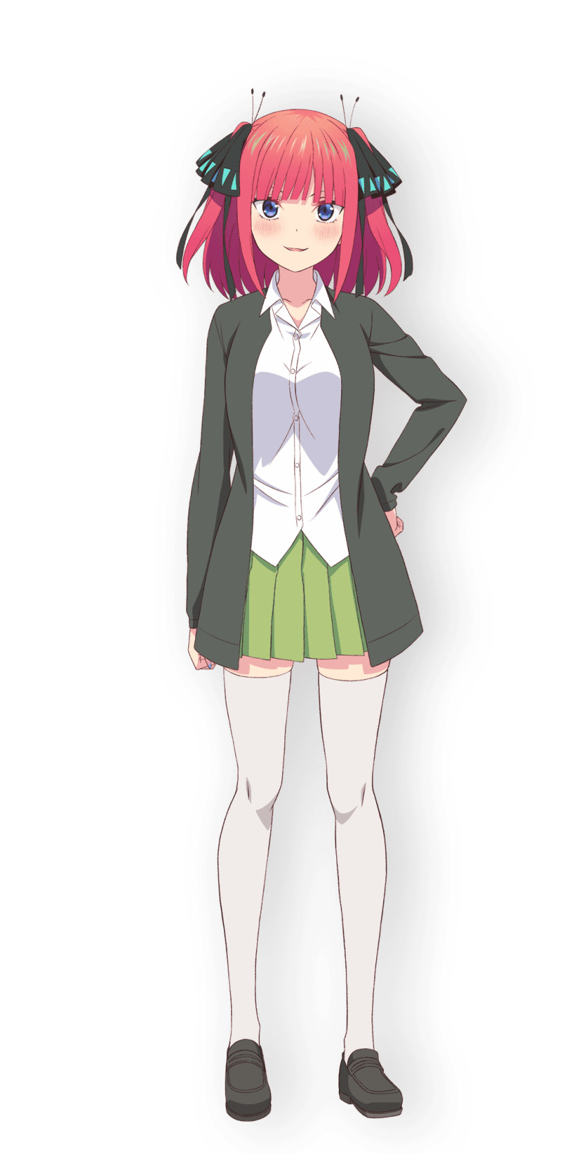1girl black_jacket black_shoes blue_eyes blush breasts butterfly_wings collar collarbone completely_nude dot_nose female_focus go-toubun_no_hanayome green_skirt hand_on_own_hip highres insect_wings jacket kneehighs large_breasts legs long_sleeves looking_at_viewer miniskirt nakano_nino nude official_art open_mouth pleated_skirt red_hair scan school_uniform shirt shoes short_hair simple_background skirt smile socks solo solo_focus thighhighs thighs twintails white_shirt white_thighhighs wings zettai_ryouiki