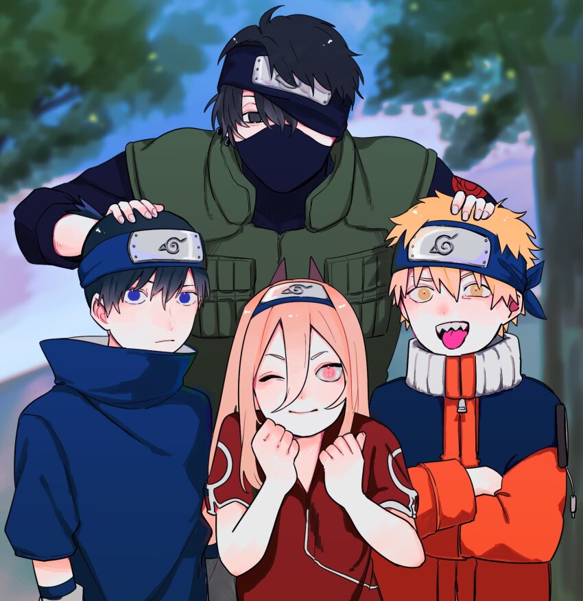1girl 3boys aged_down black_hair blonde_hair blue_eyes blue_shirt blurry blurry_background chainsaw_man cosplay crossed_arms denji_(chainsaw_man) ear_piercing gurukousu hair_between_eyes hand_on_another&#039;s_head haruno_sakura haruno_sakura_(cosplay) hatake_kakashi hatake_kakashi_(cosplay) hayakawa_aki headband highres horns kishibe_(chainsaw_man) kishibe_(young)_(chainsaw_man) konohagakure_symbol long_hair multiple_boys naruto_(classic) naruto_(series) one_eye_closed one_eye_covered piercing pink_eyes pink_hair popped_collar power_(chainsaw_man) purple_horns red_shirt sharp_teeth shirt short_hair smile teeth tongue tongue_out topknot tree uchiha_sasuke uchiha_sasuke_(cosplay) uzumaki_naruto uzumaki_naruto_(cosplay) yellow_eyes