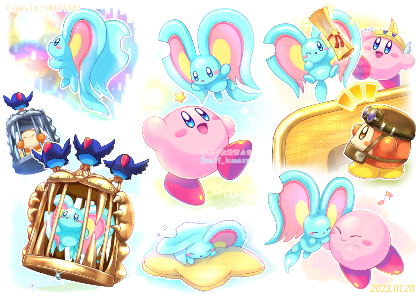 :d ^_^ apron arm_up artist_name bird blue_eyes blush blush_stickers brown_apron brown_eyes brown_headwear cage cheek-to-cheek closed_eyes closed_mouth commentary_request conker copy_ability crying cutter_kirby dated eighth_note elfilin glint goggles goggles_on_headwear hat heads_together in_cage kirby kirby_(series) kirby_and_the_forgotten_land kumaoka_pon looking_at_another looking_at_viewer multiple_views musical_note nintendo no_humans notched_ear notice_lines nuzzle one_eye_closed open_mouth pillow pixiv_id scroll sleeping smile squeans star-shaped_pillow star_(symbol) star_in_eye symbol_in_eye tears twitter_username waddle_dee watermark yellow_headwear