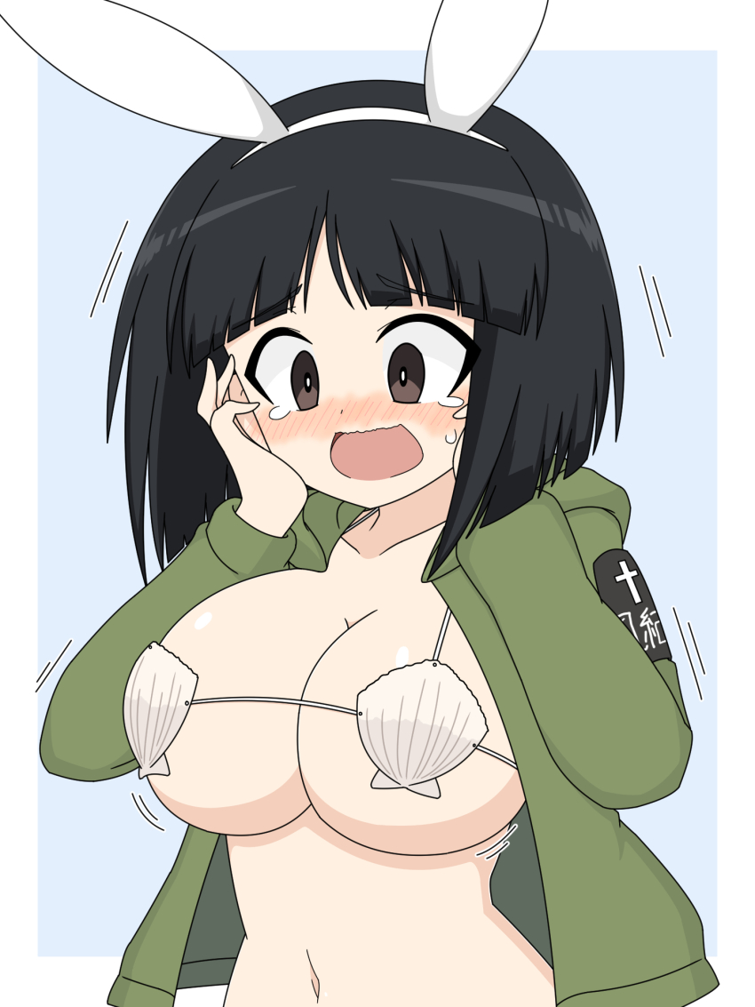 1girl armband black_eyes blue_background blunt_bangs blunt_ends blush bob_cut breasts commentary_request girls_und_panzer gotou_moyoko green_hoodie hands_on_own_face highres hood hood_down hoodie ichinose_jun large_breasts long_sleeves looking_at_viewer medium_hair navel open_clothes open_hoodie open_mouth partial_commentary shell shell_bikini smile solo tearing_up upper_body