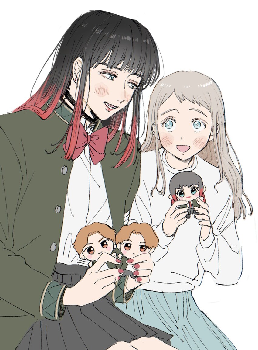 1girl 3boys angry black_choker black_hair black_pants black_skirt blue_eyes blue_skirt blush bowtie chibi choker furious green_eyes green_jacket hands_up jacket long_hair long_sleeves looking_at_another makeup multiple_boys narita_shizuka orange_hair pants red_bow red_bowtie red_hair sakaki_seiryuu sakaki_uryuu shirt siblings simple_background sitting skirt smile stuffed_toy tsubakino_tasuku twins very_long_hair white_background white_hair white_shirt wind_breaker_(nii_satoru)