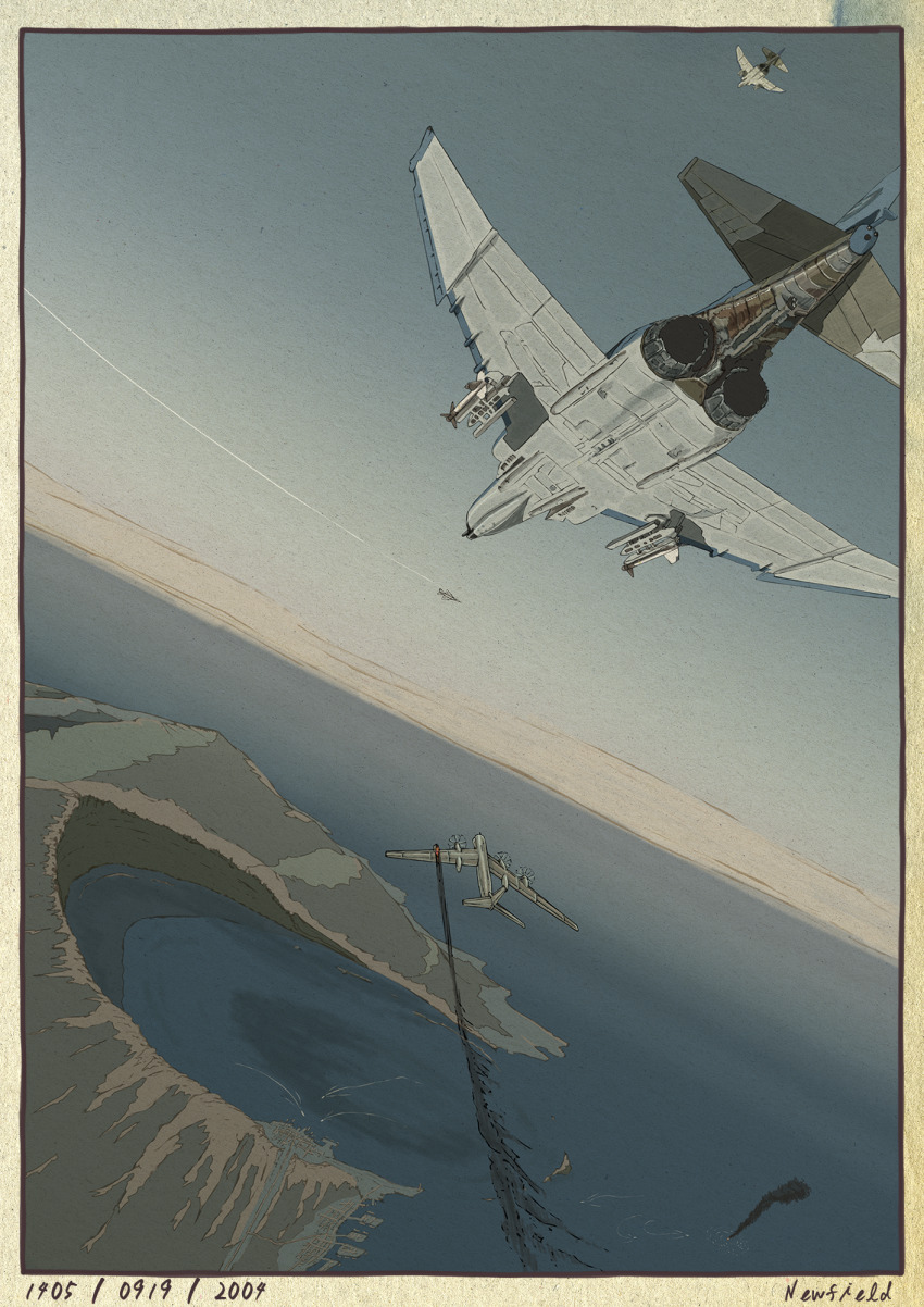 ace_combat ace_combat_04 aircraft airplane bomber border commentary_request contrail day f-4_phantom_ii fighter_jet fire flying highres military military_vehicle mobius_1 no_humans ocean outdoors sky smoke smoke_trail tu-95 vehicle_focus yuukou