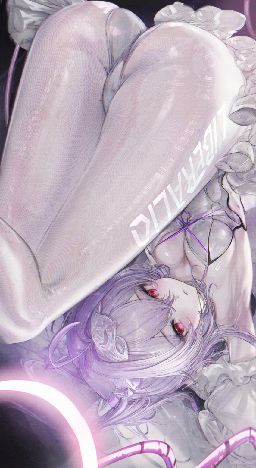 1girl absurdres armpits ass breasts cleavage commentary dress goddess_of_victory:_nikke highres liberalio_(nikke) looking_at_viewer medium_breasts panties pantyhose parted_lips purple_hair red_eyes renoahh short_hair solo thighs top-down_bottom-up underwear white_dress white_panties white_pantyhose