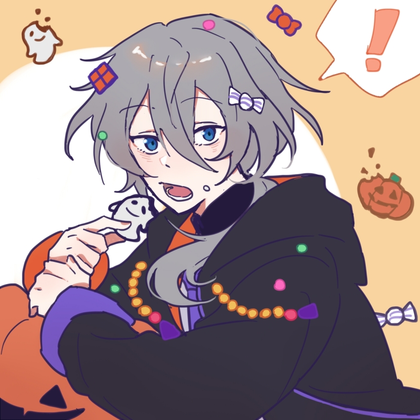 1boy black_jacket blue_eyes candy_hair_ornament chinese_commentary commentary_request cookie drawstring ensemble_stars! food food-themed_hair_ornament food_on_face grey_hair grey_shirt hair_between_eyes hair_ornament highres holding holding_cookie holding_food hood hood_down hooded_jacket jacket long_hair low_ponytail male_focus necktie open_mouth ponytail purple_necktie shiina_niki shirt side_ponytail solo tie_fei_wu_mang_dashuai upper_body