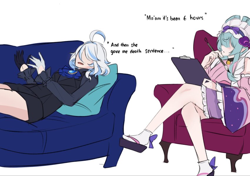 2girls ahoge aqua_hair armchair ascot asymmetrical_gloves bare_legs bare_shoulders bell bell_sleeves black_choker black_gloves black_sandals black_shirt black_shorts black_vest blue_ascot blue_streaks calligraphy_brush chair choker clipboard commentary couch crossed_legs cushion dated_commentary detached_sleeves double-parted_bangs english_commentary english_text faceless faceless_female flat_color frilled_sleeves frills furina_(genshin_impact) genshin_impact gloves hair_between_eyes half_gloves highres holding holding_calligraphy_brush holding_clipboard holding_paintbrush japanese_clothes jingle_bell kimono long_sleeves lying maid_headdress mamaprofennn mismatched_gloves multicolored_hair multiple_girls neck_bell nihongami no_eyes okobo on_back on_couch open_mouth ouji_fashion paintbrush pink_kimono pink_sleeves platform_sandals sandals shirt short_hair short_kimono short_shorts shorts simple_background sitting sleeveless sleeveless_kimono socks streaked_hair tabi talking two-tone_hair vest waistcoat white_background white_gloves white_hair white_socks wide_sleeves yumemizuki_mizuki