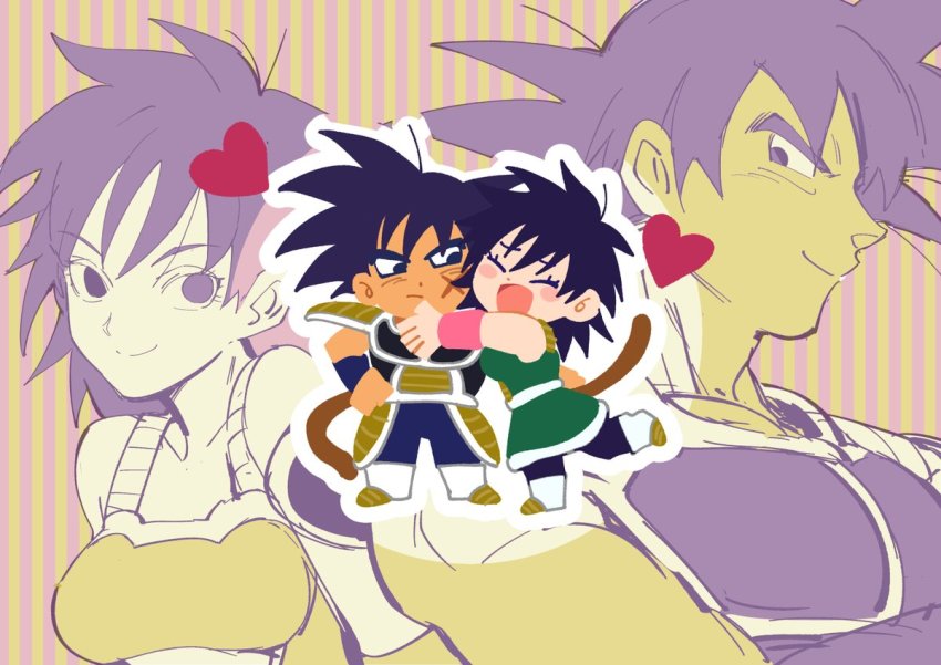 1boy 1girl :/ :d ^_^ armor bardock black_eyes black_hair blush blush_stickers boots breasts chibi chuya_hukuaka closed_eyes couple dragon_ball dragon_ball_super dragon_ball_super_broly full_body gine heart hetero hug looking_at_another looking_back medium_breasts monochrome open_mouth profile scar short_hair smile standing striped_background tail two-tone_background wristband