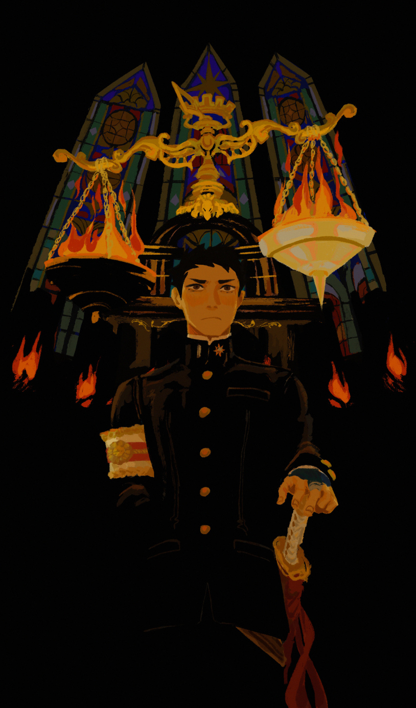 1boy absurdres ace_attorney armband black_background black_hair black_jacket breast_pocket brown_eyes buttons closed_mouth collared_jacket commentary courtroom english_commentary feet_out_of_frame fire frown gakuran hand_on_weapon highres jacket katana lower_eyelashes_only male_focus pocket red_ribbon ribbon ryunosuke_naruhodo school_uniform short_hair simple_background solo spearmintaii stained_glass sword the_great_ace_attorney weapon weighing_scale window
