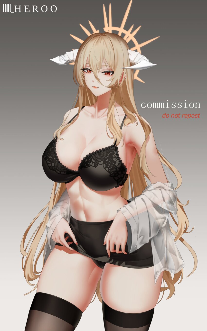 1girl absurdres artist_name azur_lane bare_shoulders black_bra black_panties black_skirt black_thighhighs blonde_hair bra breasts cleavage closed_mouth clothes_lift clothes_pull collarbone commentary english_commentary english_text feet_out_of_frame grey_background highres horns implacable_(azur_lane) implacable_(shepherd_of_the_&quot;lost&quot;)_(azur_lane) light_smile long_hair looking_at_viewer louu_heroo medium_breasts navel office_lady official_alternate_costume open_clothes open_shirt panties pantyshot parted_lips red_eyes shirt shirt_pull sidelocks simple_background skirt skirt_lift solo standing stomach thighhighs thighs underwear very_long_hair white_horns white_shirt