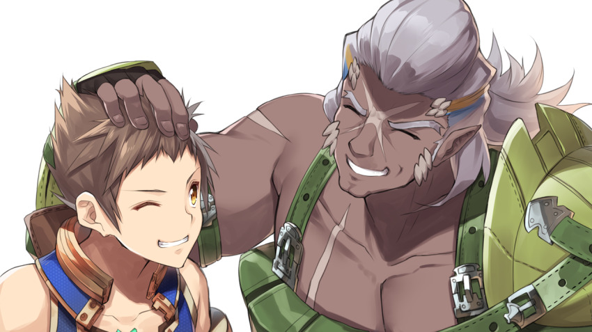 2boys black_hair brown_hair commentary_request dark-skinned_male dark_skin gloves grey_background male_focus multiple_boys muscular overalls rex_(xenoblade) short_hair simple_background smile vandham_(xenoblade_2) xenoblade_chronicles_(series) xenoblade_chronicles_2 yappen yellow_eyes