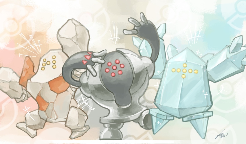 +++ absurdres arms_up commentary_request gen_3_pokemon highres legendary_pokemon nintendo no_humans pokemon pokemon_(creature) red_eyes regice regirock registeel signature standing standing_on_one_leg warabimoti168 yellow_eyes