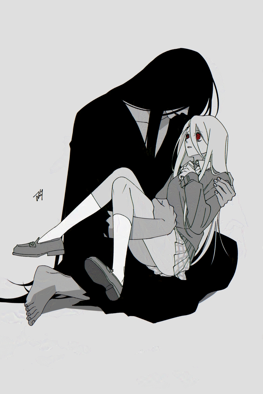 1boy 1girl absurdres bbabbamis2 black_hair black_kimono carrying commentary_request full_body grey_background heroine_(homicipher) hetero highres homicipher japanese_clothes kimono kneehighs korean_commentary long_hair mr._crawling princess_carry red_eyes school_uniform simple_background skirt socks spot_color sweater very_long_hair