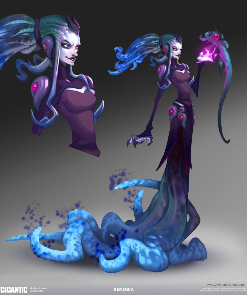 1girl 2014 animal aura blue_hair character_name concept_art copyright_notice dark_aura fish gigantic_(game) glowing highres long_hair magic monster monster_girl official_art production_art tentacle_hair tentacle_legs tentacle_limbs tentacles tentacles_under_clothes twitter_username vinod_rams watermark weapon web_address xenobia_(gigantic)