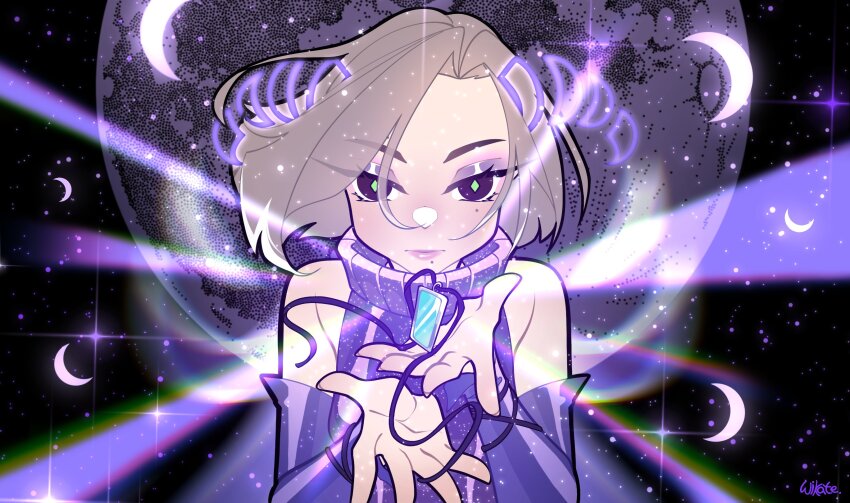 1girl bare_shoulders black_background bright_pupils brown_hair closed_mouth commentary commission crescent detached_sleeves diamond-shaped_pupils diamond_(shape) english_commentary expressionless eyeshadow fairy floating_hair full_moon glitter glowing green_pupils highres light_particles light_rays lipstick long_sleeves looking_at_viewer magical_girl makeup mole mole_under_eye mole_under_mouth moon multiple_moles name_tag object_floating_above_hand original palms pink_lips purple_eyes purple_eyeshadow purple_shirt purple_sleeves shirt short_hair signature sleeveless sleeveless_shirt solo sparkle straight-on symbol-shaped_pupils transparent_wings turtleneck turtleneck_shirt upper_body white_wings wikate wings winx_club ych_commission