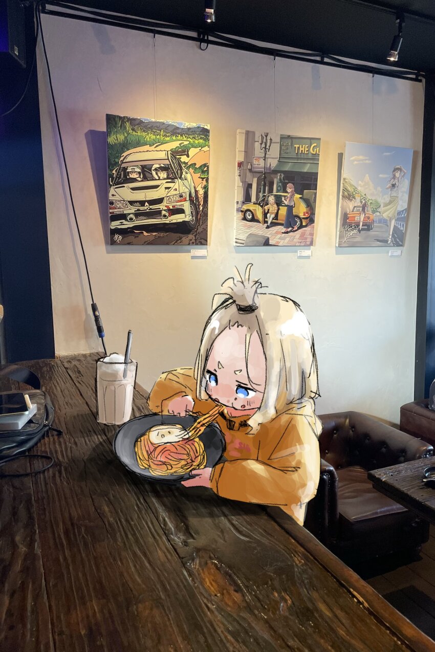1girl artist_self-reference blonde_hair blue_eyes cable drinking_straw eating food food_on_face forehead highres hikageno hood hood_down hoodie mitsubishi_lancer_evolution orange_hoodie original pasta peugeot_106 photo_background roro-chan_(hikageno) sitting sketch solo v-shaped_eyebrows
