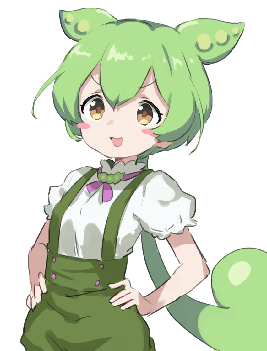 1girl :3 :d blush_stickers brown_eyes gazacy_(dai) green_hair hands_on_own_hips highres low_ponytail neck_ribbon open_mouth ponytail puffy_short_sleeves puffy_shorts puffy_sleeves purple_ribbon ribbon short_sleeves shorts smile solo suspender_shorts suspenders v-shaped_eyebrows voicevox zundamon