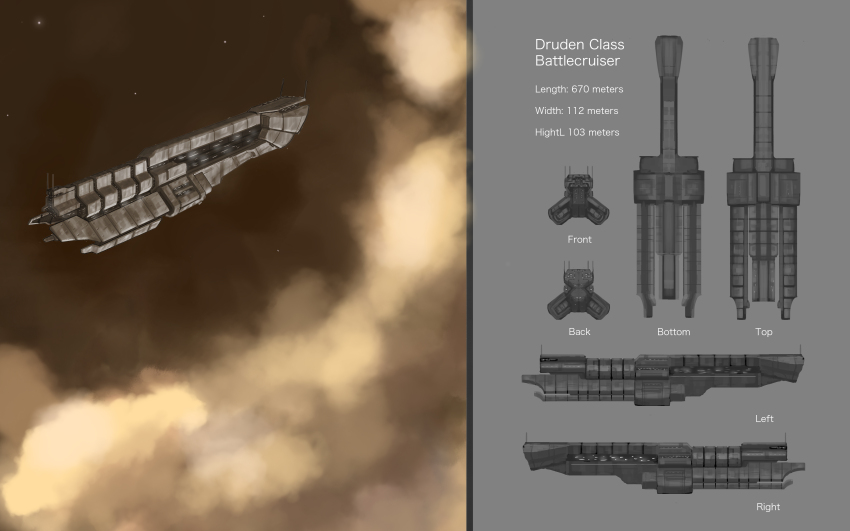 absurdres battlecruiser_(eve_online) reference_sheet cloud commentary concept_art english_text eve_online from_side highres military_vehicle minmatar_republic_(eve_online) modalmechanica multiple_views no_humans original outdoors science_fiction space spacecraft star_(sky) vehicle_focus