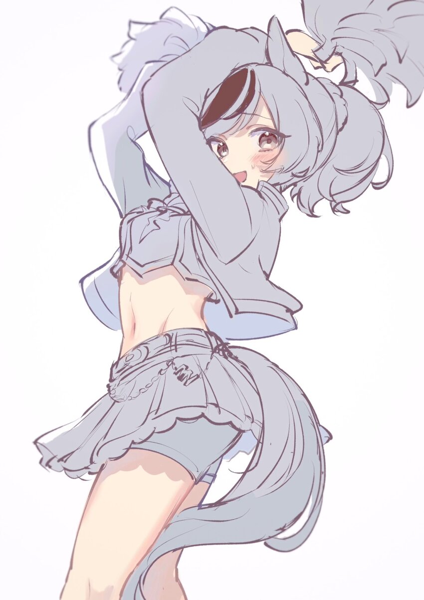 1girl animal_ears arms_up blush breasts brown_eyes crop_top cropped_jacket feet_out_of_frame highres holding holding_pom_poms horse_ears horse_girl horse_tail long_sleeves looking_at_viewer looking_to_the_side midriff miniskirt navel nice_nature_(run&amp;win)_(umamusume) nice_nature_(umamusume) open_mouth partially_colored pom_pom_(cheerleading) pom_poms ponytail sekiyu_inu shirt short_hair short_shorts shorts skirt small_breasts solo standing sweatdrop tail umamusume