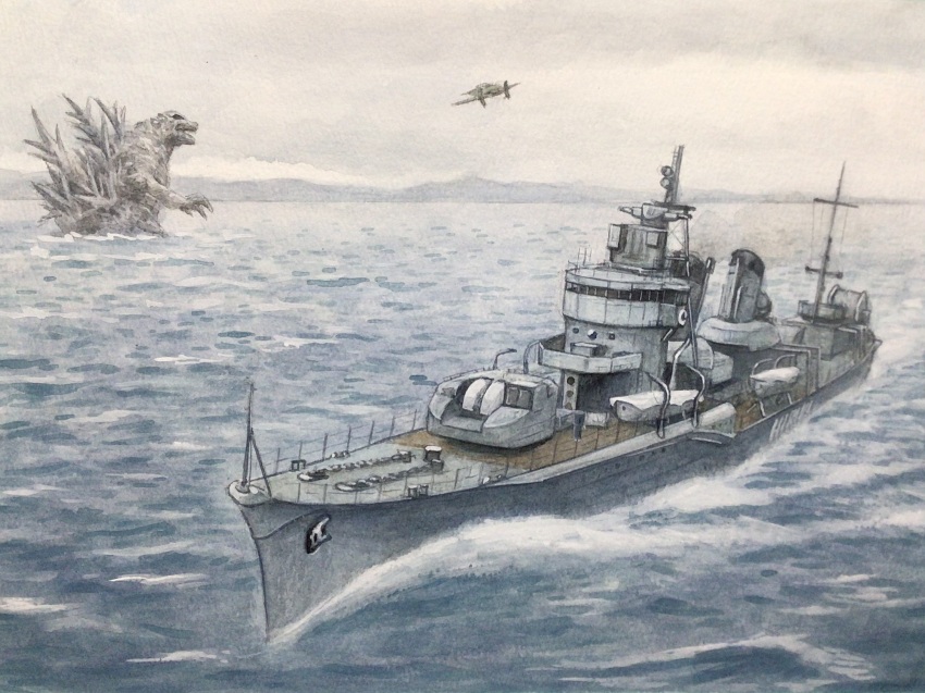 atelier_bono cloud cloudy_sky destroyer dinosaur godzilla godzilla_(series) godzilla_minus_one highres ijn_yukikaze imperial_japanese_navy j7w_shinden kaiju military_vehicle ocean original sea_monster ship sky toho traditional_media warship watercraft waves yukikaze_(destroyer)
