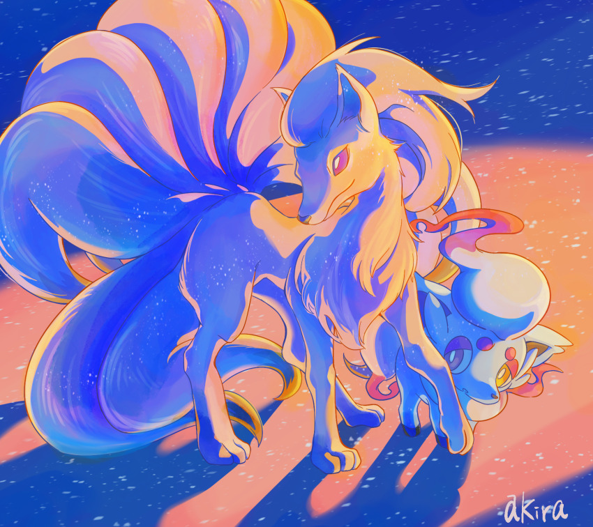 akira_(akira_art_poke) animal_focus artist_name bright_pupils closed_mouth commentary_request gen_1_pokemon highres hisuian_zorua ninetales nintendo no_humans outdoors pokemon pokemon_(creature) red_eyes shadow smile standing white_pupils yellow_eyes